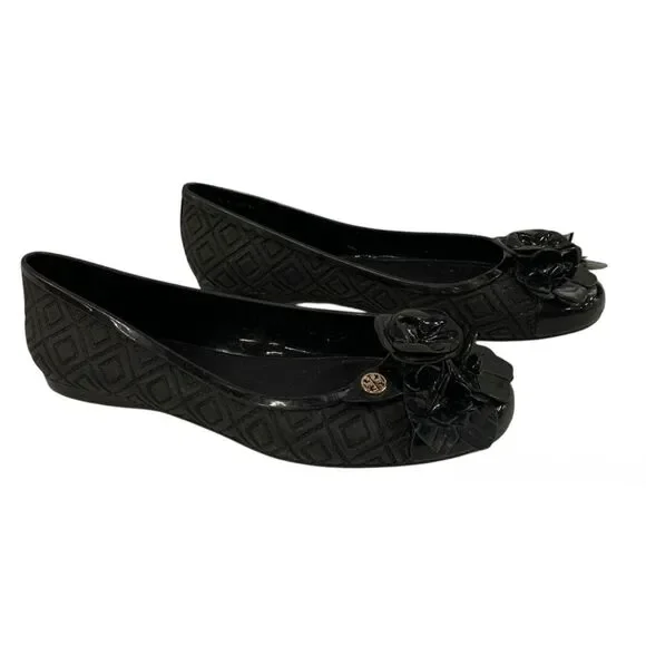 Women's Tory Burch Blossom Jelly Ballerina Flats Size 7 - Black - Picture 1 of 6